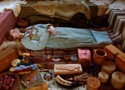 A female Viking burial including all the objects a woman might need in the afterlife