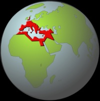 The Roman Empire shown in Red.