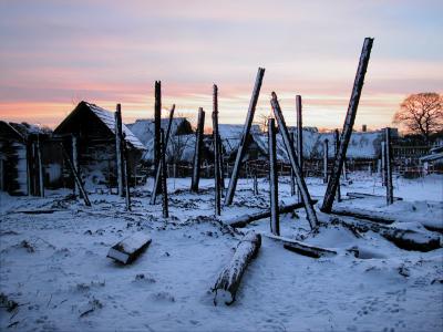 Snowfall on the remains of the burnt out Viking Longhouse