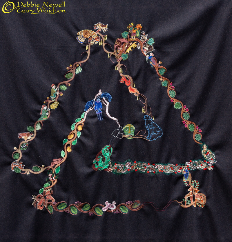 Norse Cloak of Myth. Embroidery of Valknut/Tree almost completed.  Image and design copyrighted  Gary Waidson/Debbie Newell. All rights reserved.