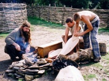 An Iron Age Bronze Casting Demonstration. Other displays include Roman cookery, Viking silversmithing, Celtic bone working, Roman soldier and  Viking bone carving